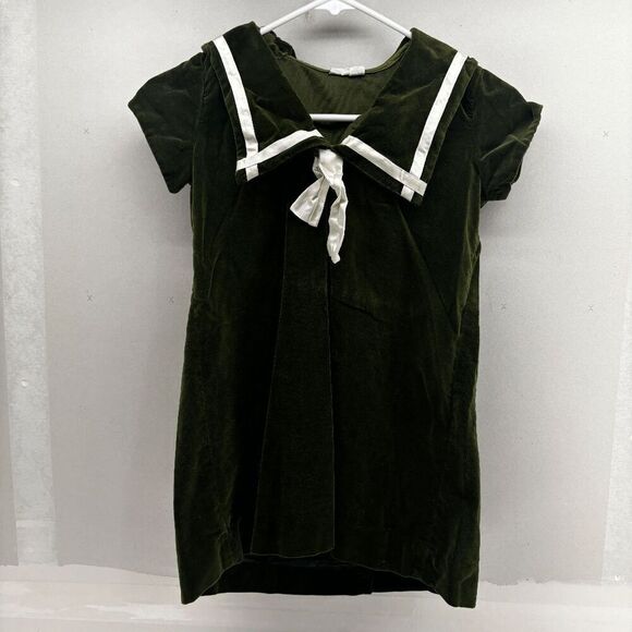 vintage 60s It Must Be Love Green Velvet Dress Cream Tie Design Bow Mod Size 7-8 - Picture 1 of 4